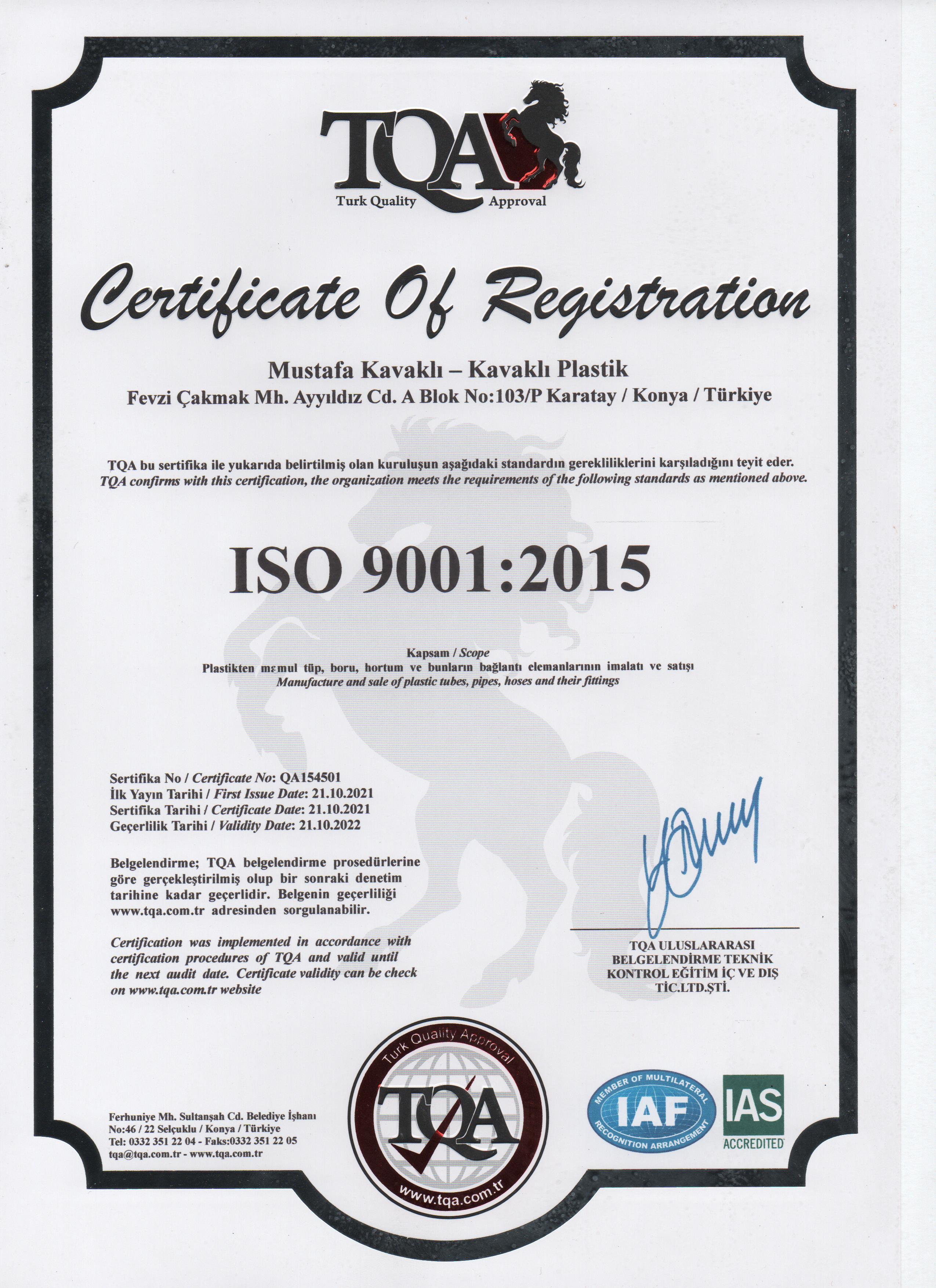 ISO 9001 Kalite Yönetim Sistemi Sertifikası